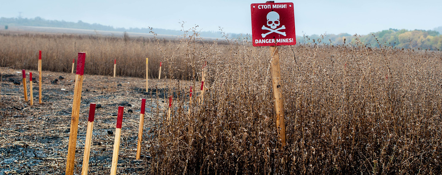 La Ley de Ucrania sobre los territorios ocupados por Rusia en Donbas. Campo de minas terrestres y municiones sin explotar identificado por el Danish Demining Group en Donbas (Ucrania). Foto: Roberto Maldeno (CC BY-NC-ND 2.0).