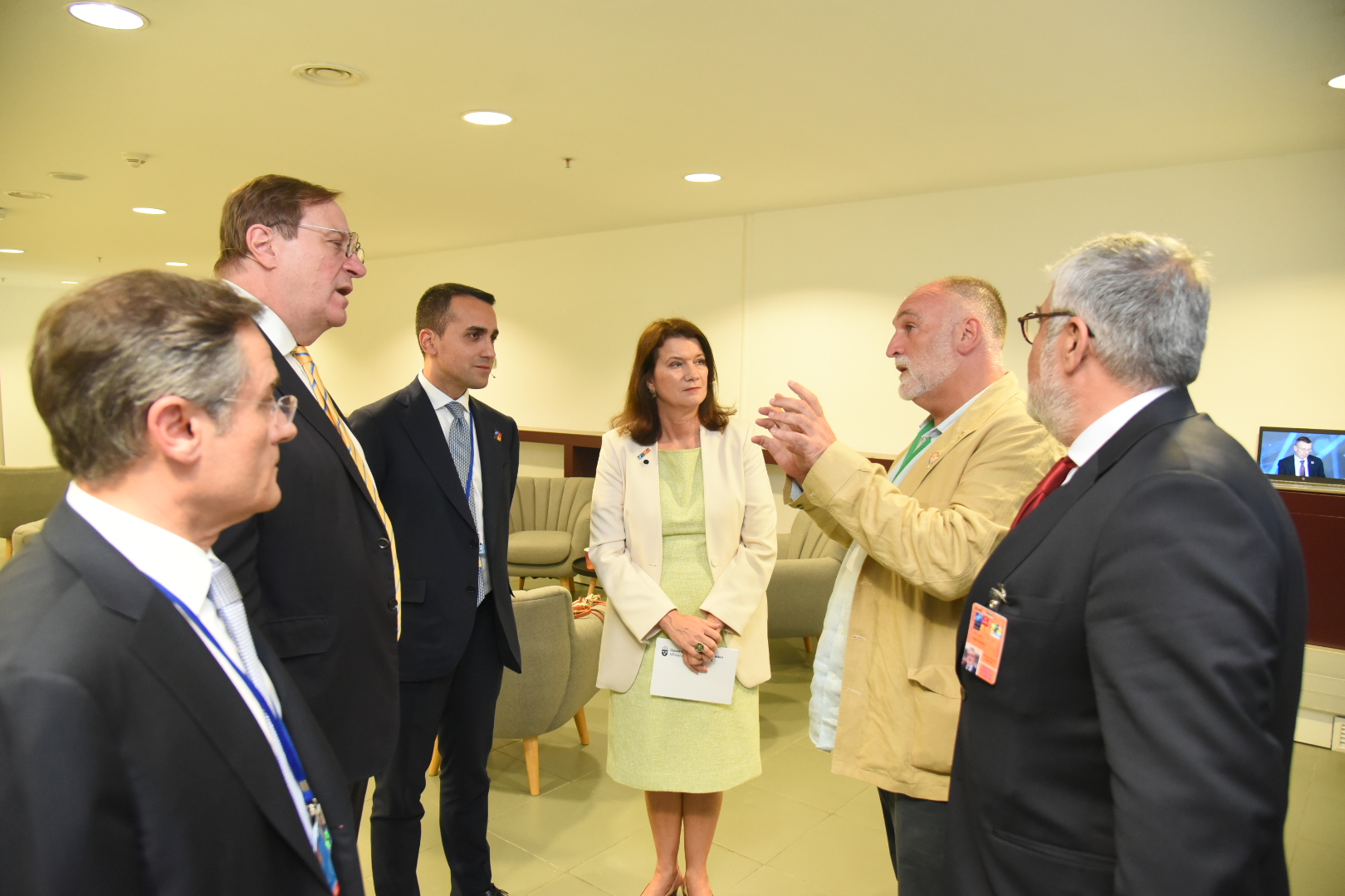 Chef José Andrés visits the backstage of the 2022 NATO Public Forum in Madrid, Spain