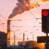 Red traffic light on a Moscow Street in Russia