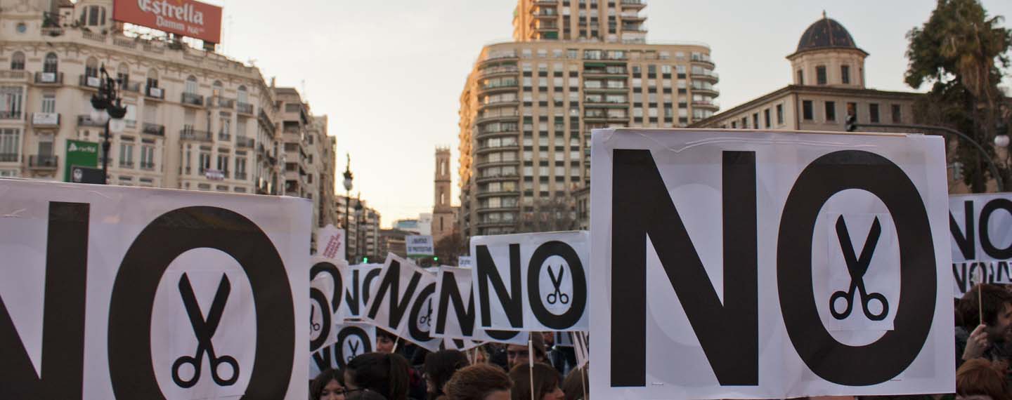 “No to cuts” signs at a demonstration against austerity measures in Valencia, Spain (2012)
